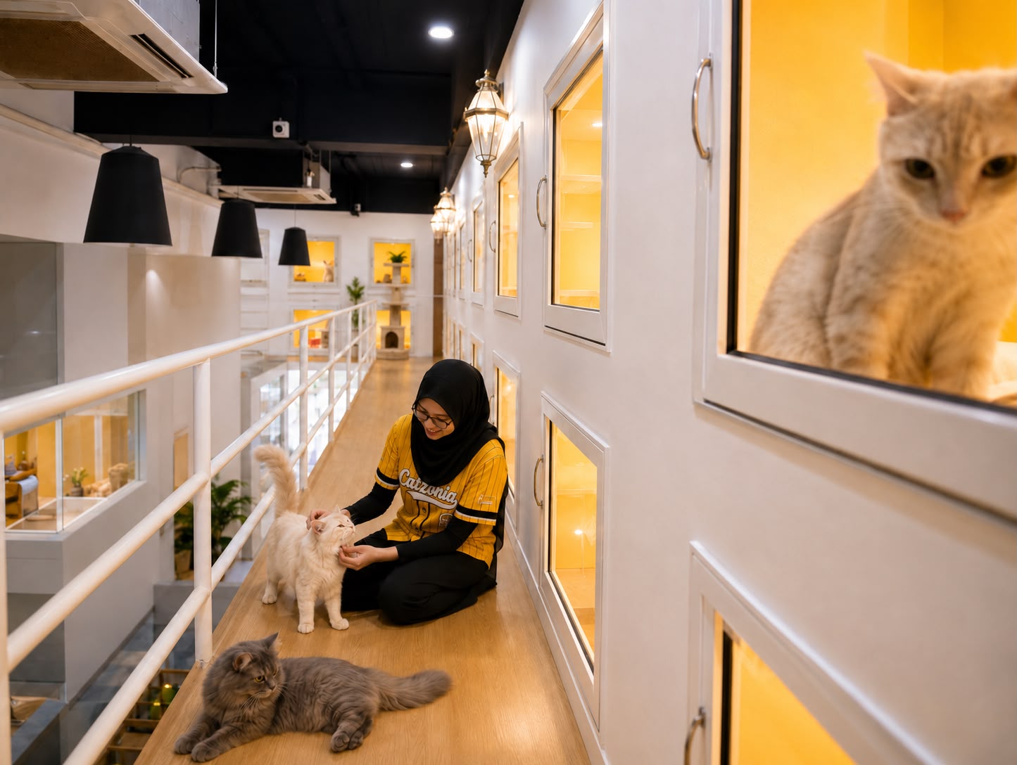 A Catzonia teammate playing with cats along a premium boarding-suite corridor