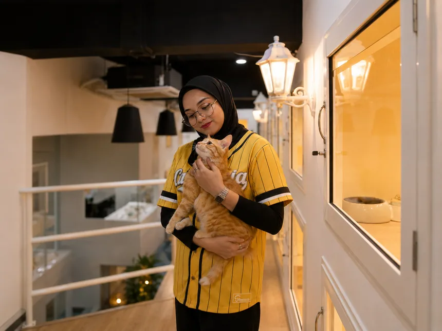 Catzonia carer cuddling a cat in the cattery corridor